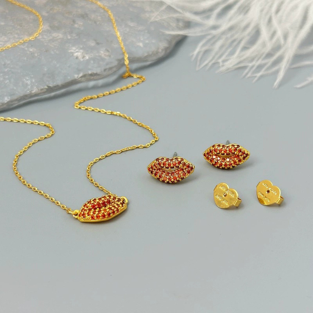 Kendra Scott Full Diamond Red Lip Earrings and Pendant Choker Set